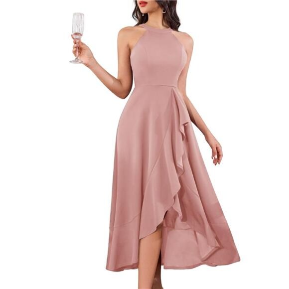 Womens Halter Split Hem Dress Elegant Pink